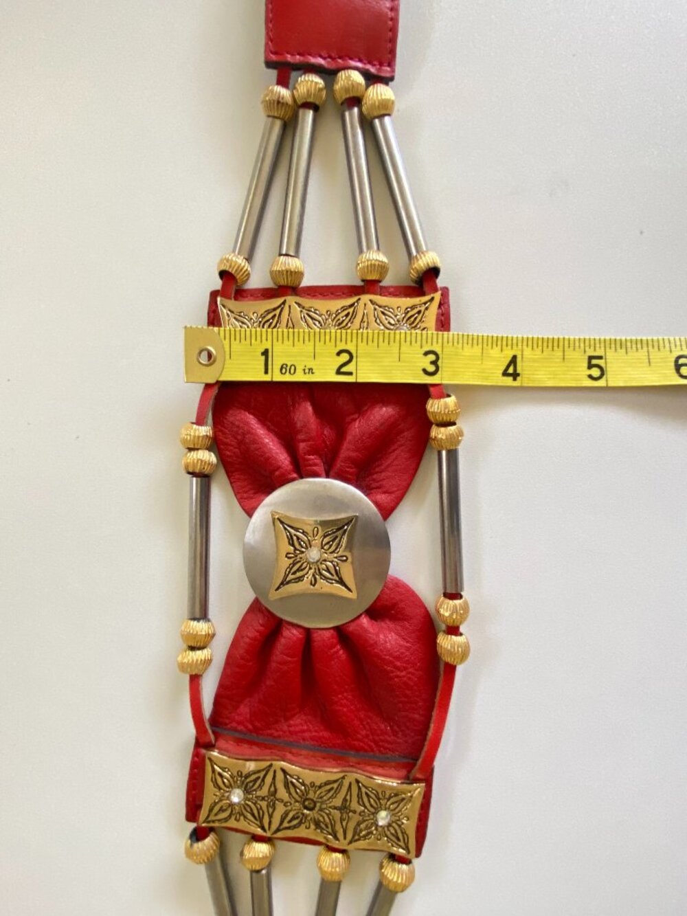 CATC VTG Leather Rustic Statement Belt Turkey OOAK Red Black Mixed Metal 31.5-35 - Picture 14 of 16